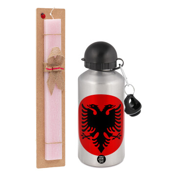 Albanian Flag, Easter Set, metallic Silver aluminum water bottle (500ml) & scented flat Easter candle (30cm) (PINK)