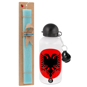 Albanian Flag, Easter Set, metallic aluminum water bottle (500ml) & scented flat candle (30cm) (TURQUOISE)