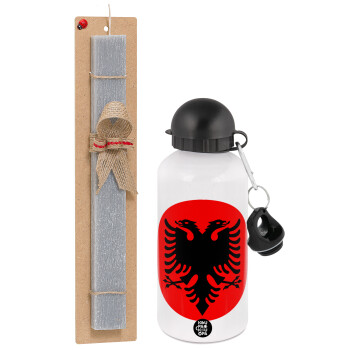 Albanian Flag, Easter Set, metallic aluminum water bottle (500ml) & aromatic flat Easter candle (30cm) (GRAY)