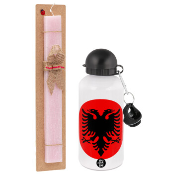 Albanian Flag, Easter Set, metallic aluminum bottle (500ml) & aromatic flat Easter candle (30cm) (PINK)