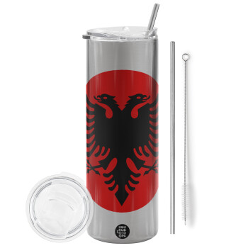 Σημαία Αλβανίας, Eco friendly ποτήρι θερμό Ασημένιο (tumbler) από ανοξείδωτο ατσάλι 600ml, με μεταλλικό καλαμάκι & βούρτσα καθαρισμού