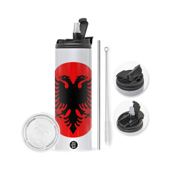 Σημαία Αλβανίας, Travel Tumbler θερμό με διπλό καπάκι, μεταλλικό καλαμάκι και βούρτσα καθαρισμού (Ανωξείδωτο 304 Food grade, BPA free, 600ml)