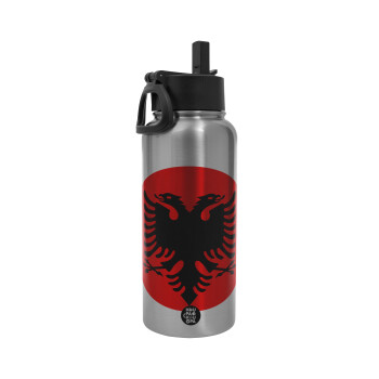 Albanian Flag, Metal mug thermo Silver with Straw and Spout Lid (Stainless steel), double wall, 950ml