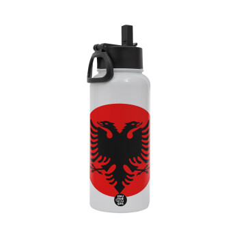 Albanian Flag, Metal mug thermo White with Straw and Spout Lid (Stainless steel), double wall, 950ml