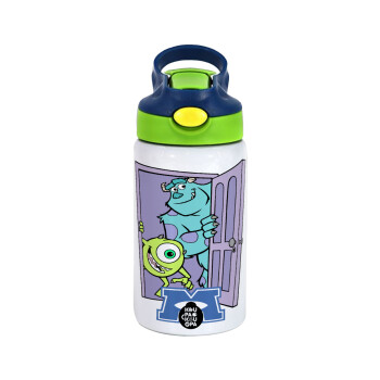 Monster inc, Children's hot water bottle, stainless steel, with safety straw, green, blue (350ml)