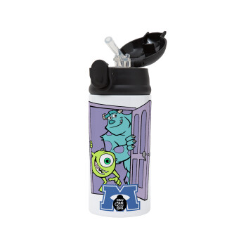 Monster inc, Children's hot water bottle, stainless steel, with safety straw, Black (360ml) BPA-FREE