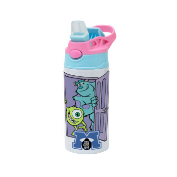 Monster inc, Children's hot water bottle, stainless steel, with safety straw, Pink/BlueCiel (360ml) BPA FREE