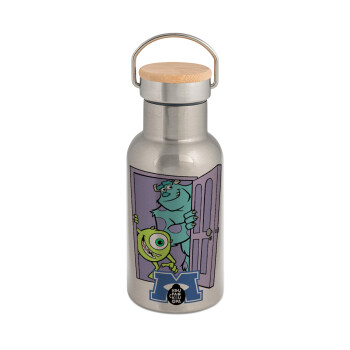 Monster inc, Stainless steel metallic thermos flask, silver with a bamboo lid, double-walled, 350ml.