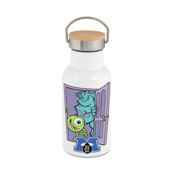 Monster inc, Metallic thermos (Stainless steel) White with wooden lid (bamboo), double-walled, 350ml