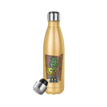 Monster inc, Μεταλλικό παγούρι θερμός Glitter χρυσό (Stainless steel), διπλού τοιχώματος, 500ml