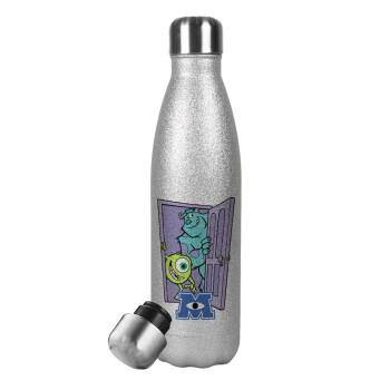 Monster inc, Μεταλλικό παγούρι θερμός Glitter Aσημένιο (Stainless steel), διπλού τοιχώματος, 500ml