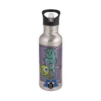 Monster inc, Water bottle Silver with straw, stainless steel 600ml