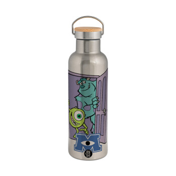 Monster inc, Stainless steel Silver with wooden lid (bamboo), double wall, 750ml