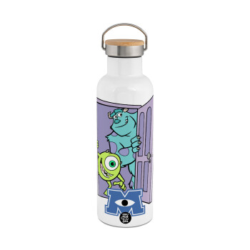 Monster inc, Μεταλλικό παγούρι θερμός (Stainless steel) Λευκό με ξύλινο καπακι (bamboo), διπλού τοιχώματος, 750ml