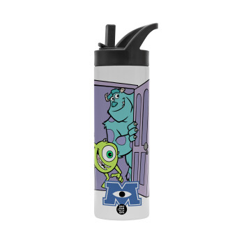 Monster inc, Metallic thermos bottle with straw & handle, stainless steel (Stainless steel 304), double-walled, 600ml.