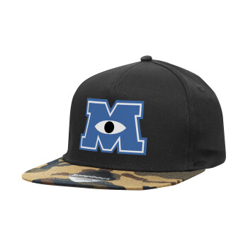 Monster inc, Adult Flat Snapback Hat Black/Camouflage, (100% COTTON TWILL, ADULT, UNISEX, ONE SIZE)