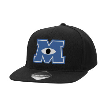 Monster inc, Adult Flat Snapback Hat Black, (100% COTTON TWILL, ADULT, UNISEX, ONE SIZE)