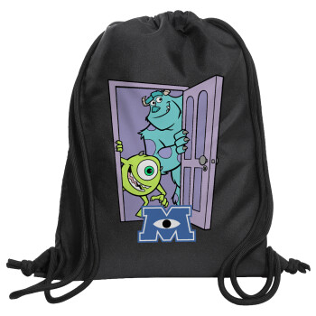 Monster inc, Backpack pouch GYMBAG Black, with pocket (40x48cm) & thick cords