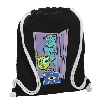 Monster inc, Backpack pouch GYMBAG Black, with pocket (40x48cm) & thick white cords