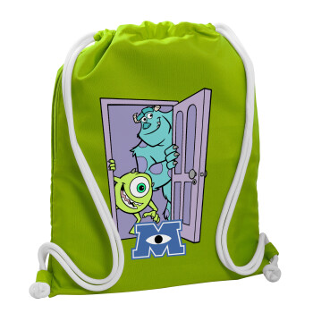 Monster inc, Backpack bag GYMBAG LIME GREEN, with pocket (40x48cm) & thick cords