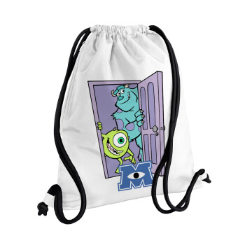 Monster inc, Backpack pouch GYMBAG white, with pocket (40x48cm) & thick cords