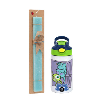 Monster inc, Easter Set, Children's thermal stainless steel bottle with safety straw, green/blue (350ml) & aromatic flat Easter candle (30cm) (TURQUOISE)