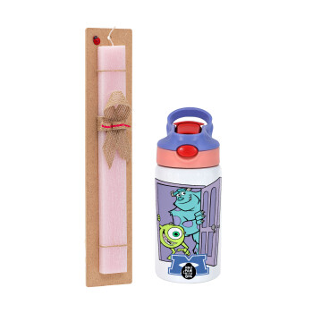 Monster inc, Easter Set, Children's thermal stainless steel water bottle with safety straw, pink/purple (350ml) & Easter scented flat candle (30cm) (PINK)