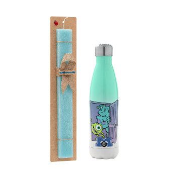 Monster inc, Easter Set, Metallic green/white thermos (Stainless steel), double-walled, 500ml & scented flat Easter candle (30cm) (TURQUOISE)