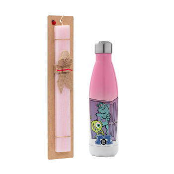 Monster inc, Easter Set, Metallic pink/white (Stainless steel) thermos, double-walled, 500ml & aromatic flat Easter candle (30cm) (PINK)