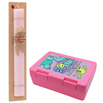 Monster inc, Easter Set, children's snack container PINK & scented flat Easter candle (30cm) (PINK)