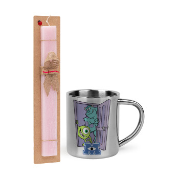 Monster inc, Easter Set, metallic thermal cup (300ml) & aromatic flat Easter candle (30cm) (PINK)