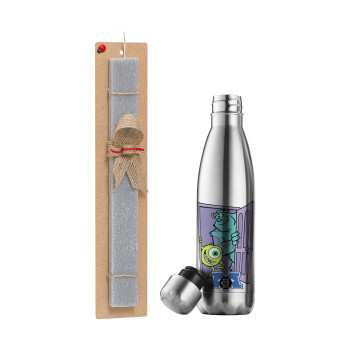 Monster inc, Easter Set, metallic stainless thermos flask (500ml) & scented flat Easter candle (30cm) (GRAY)