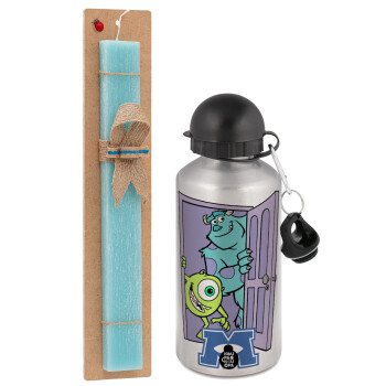 Monster inc, Easter Set, metallic silver aluminum water bottle (500ml) & scented flat Easter candle (30cm) (TURQUOISE)