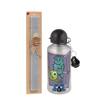 Monster inc, Easter Set, metallic silver aluminum water bottle (500ml) & aromatic flat Easter candle (30cm) (GRAY)