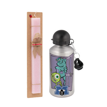 Monster inc, Easter Set, metallic Silver aluminum water bottle (500ml) & scented flat Easter candle (30cm) (PINK)