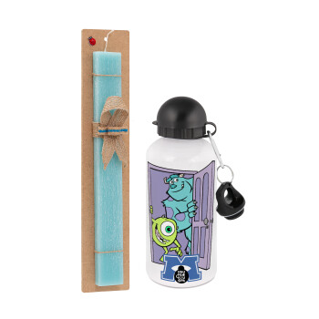 Monster inc, Easter Set, metallic aluminum water bottle (500ml) & scented flat candle (30cm) (TURQUOISE)