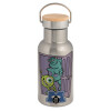 Stainless steel metallic thermos flask, silver with a bamboo lid, double-walled, 350ml.