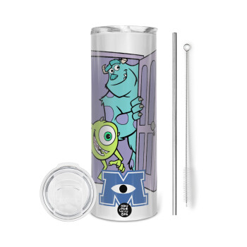 Monster inc, Eco friendly ποτήρι θερμό (tumbler) από ανοξείδωτο ατσάλι 600ml, με μεταλλικό καλαμάκι & βούρτσα καθαρισμού