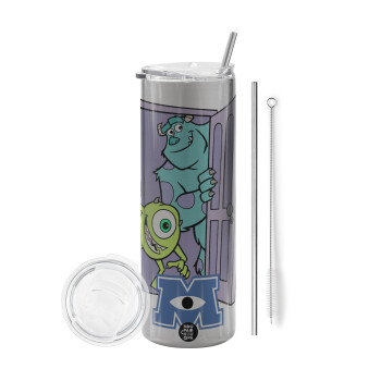 Monster inc, Eco friendly ποτήρι θερμό Ασημένιο (tumbler) από ανοξείδωτο ατσάλι 600ml, με μεταλλικό καλαμάκι & βούρτσα καθαρισμού