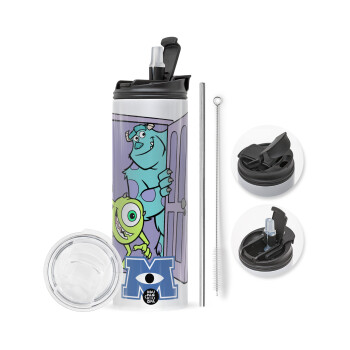 Monster inc, Travel Tumbler 2 Lids, with metal straw & cleaning brush (Stainless steel 304 Food grade, BPA free, 600ml)