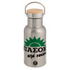 Stainless steel metallic thermos flask, silver with a bamboo lid, double-walled, 350ml.