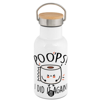 Poops!...I Did It Again, Metallic thermos (Stainless steel) White with wooden lid (bamboo), double-walled, 350ml