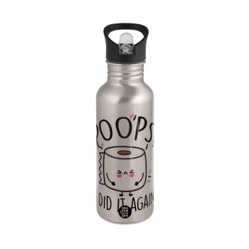 Poops!...I Did It Again, Water bottle Silver with straw, stainless steel 600ml