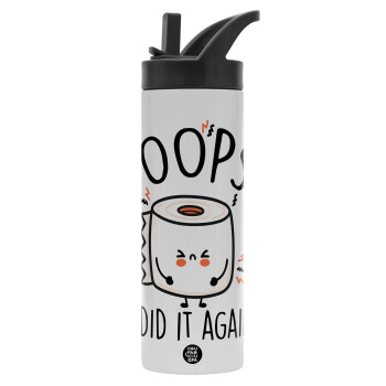 Poops!...I Did It Again, Metallic thermos bottle with straw & handle, stainless steel (Stainless steel 304), double-walled, 600ml.