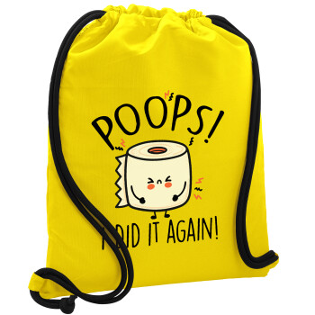 Poops!...I Did It Again, Backpack pouch GYMBAG Yellow, with pocket (40x48cm) & thick cords