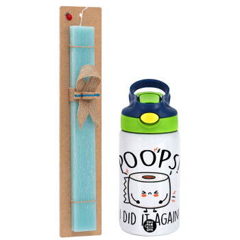 Poops!...I Did It Again, Easter Set, Children's thermal stainless steel bottle with safety straw, green/blue (350ml) & aromatic flat Easter candle (30cm) (TURQUOISE)