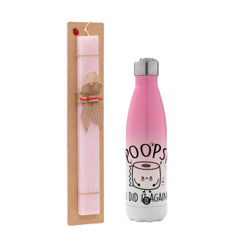 Poops!...I Did It Again, Easter Set, Metallic pink/white (Stainless steel) thermos, double-walled, 500ml & aromatic flat Easter candle (30cm) (PINK)