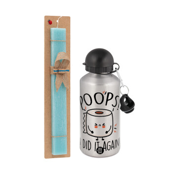 Poops!...I Did It Again, Easter Set, metallic silver aluminum water bottle (500ml) & scented flat Easter candle (30cm) (TURQUOISE)