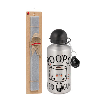 Poops!...I Did It Again, Easter Set, metallic silver aluminum water bottle (500ml) & aromatic flat Easter candle (30cm) (GRAY)