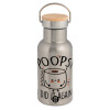 Stainless steel metallic thermos flask, silver with a bamboo lid, double-walled, 350ml.